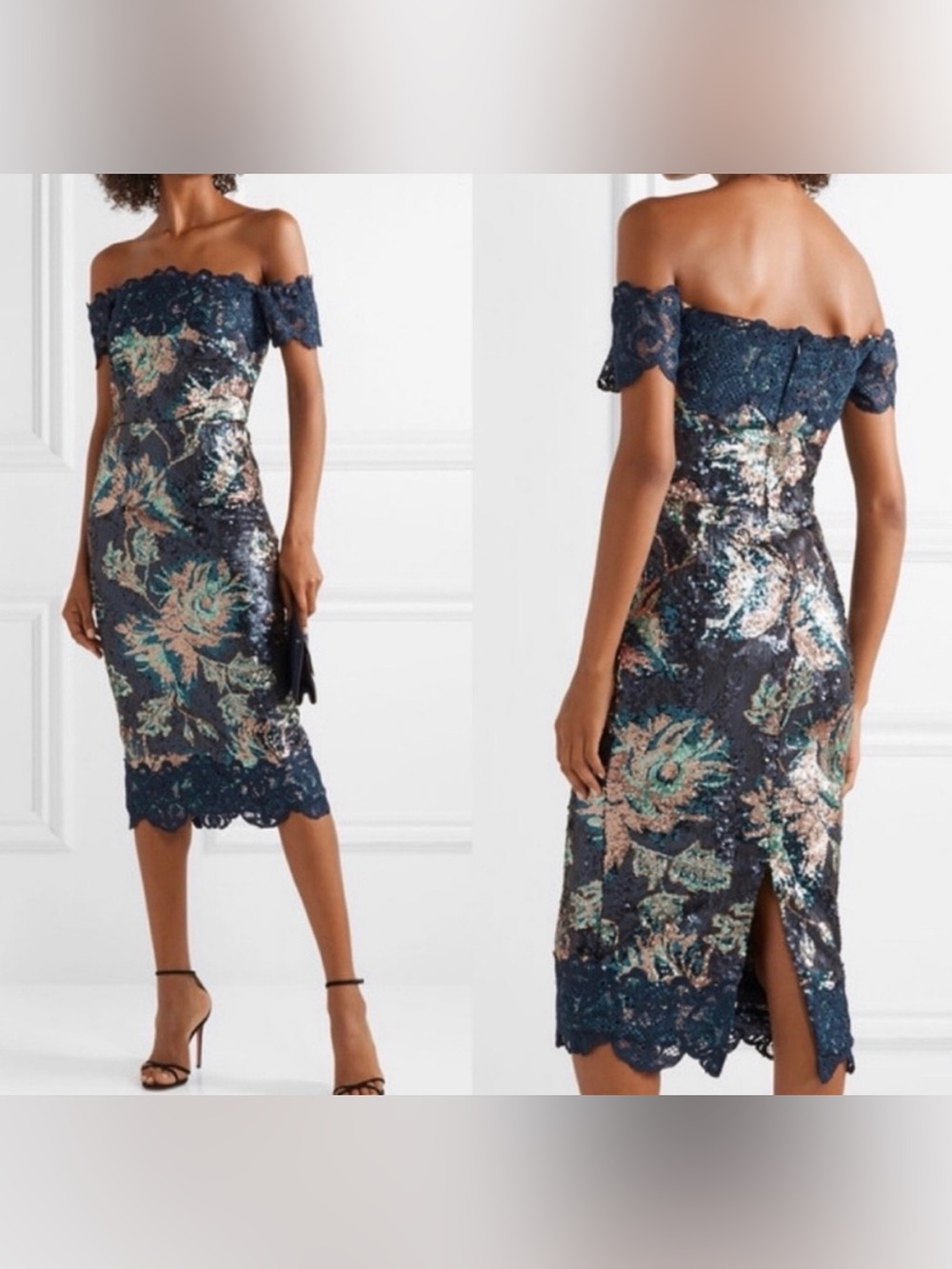 NWT Marchesa Notte Off-The-Shoulder Floral Sequin Lace Midi Dress Size 16